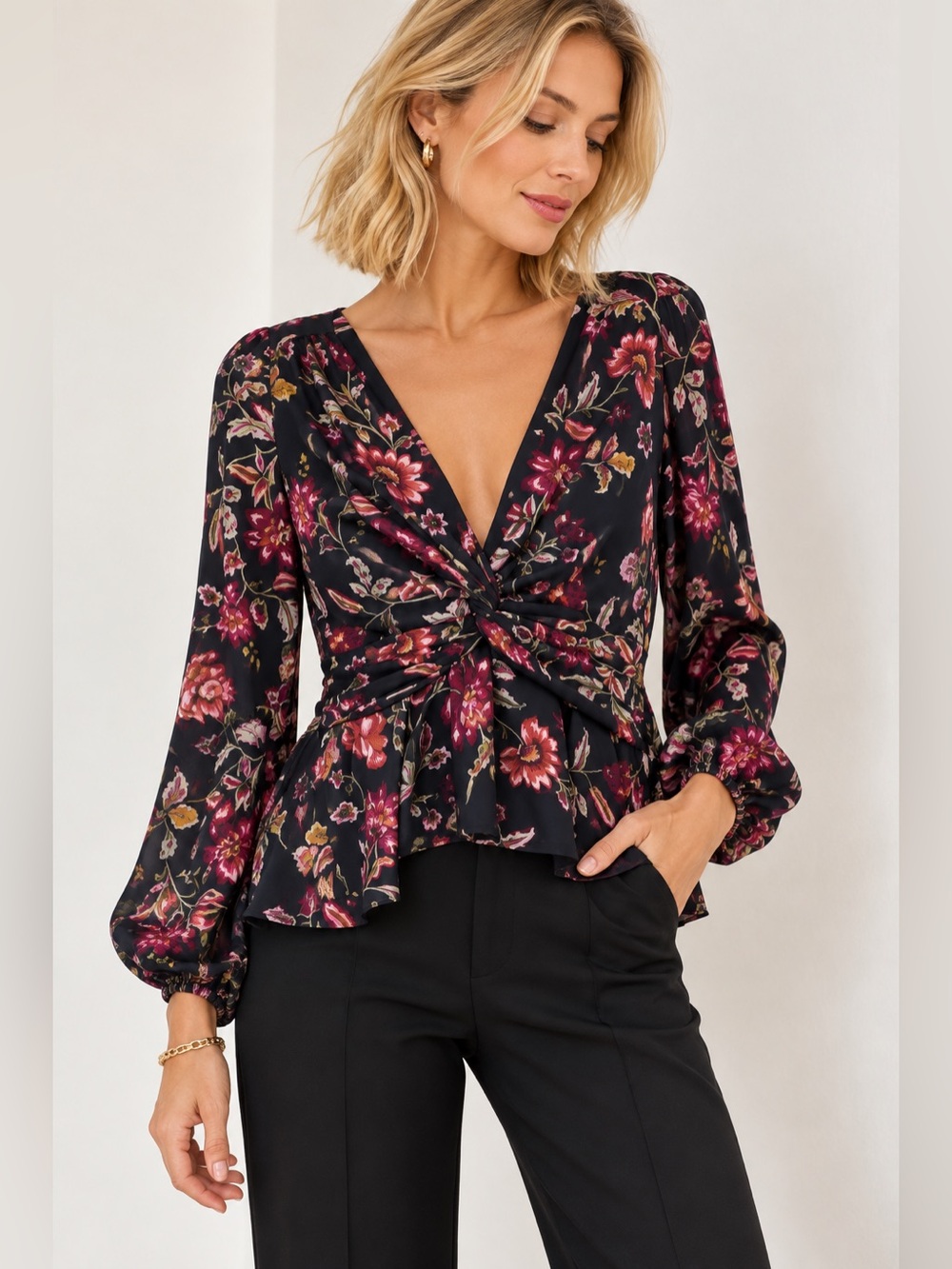 A.L.C. Silk Floral Twist Front Blouse Black Multi Size 10